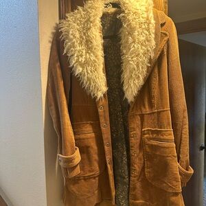 Free People Brown Corduroy Jacket with Cream Faux Fur Collar